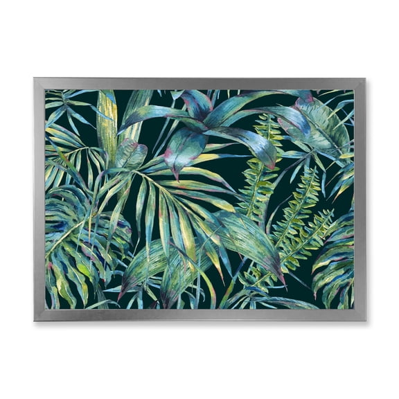 Designart 'Natural Green Leaves Exotic On Dark I' Tropical Framed Art Print