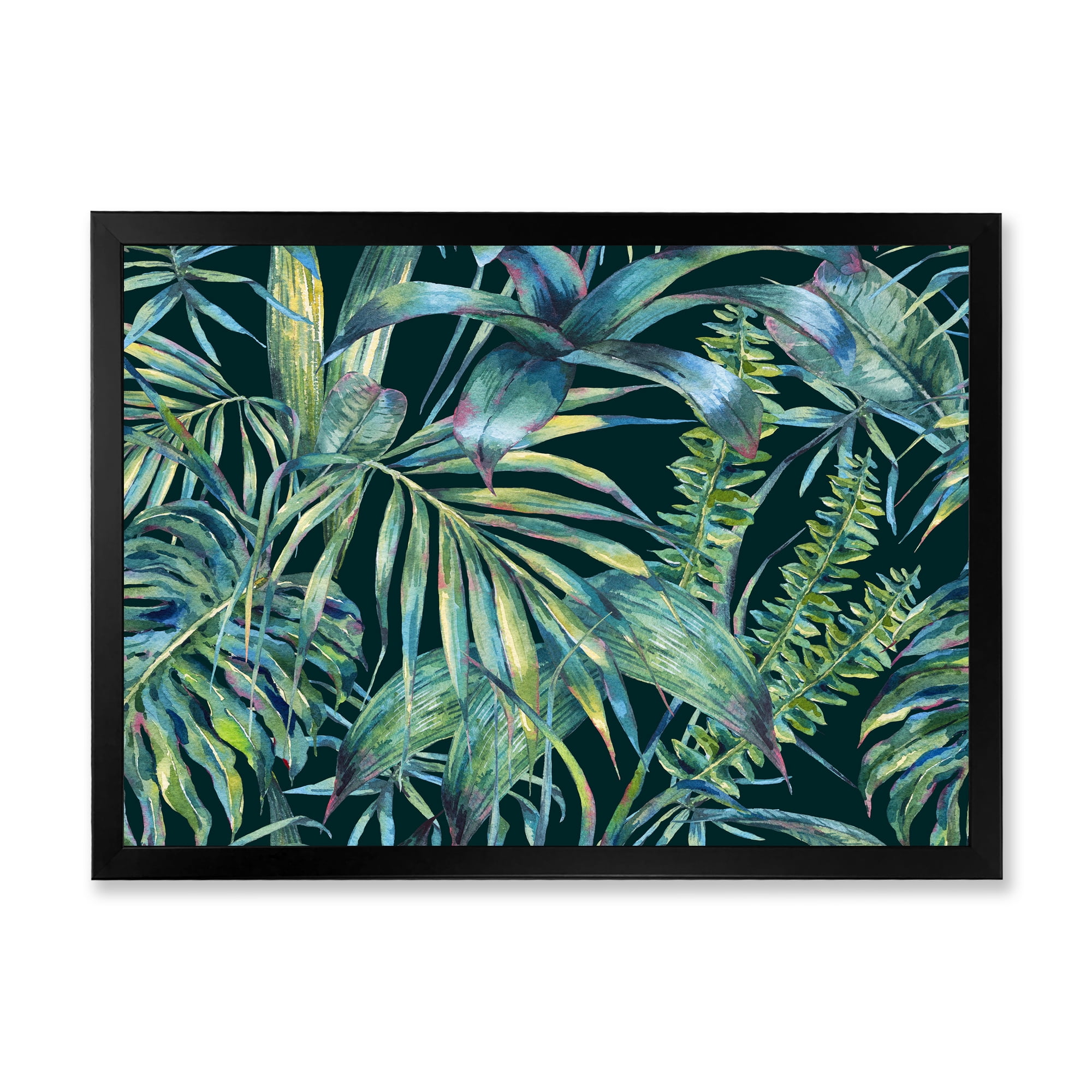 Designart 'Natural Green Leaves Exotic On Dark I' Tropical Framed Art Print