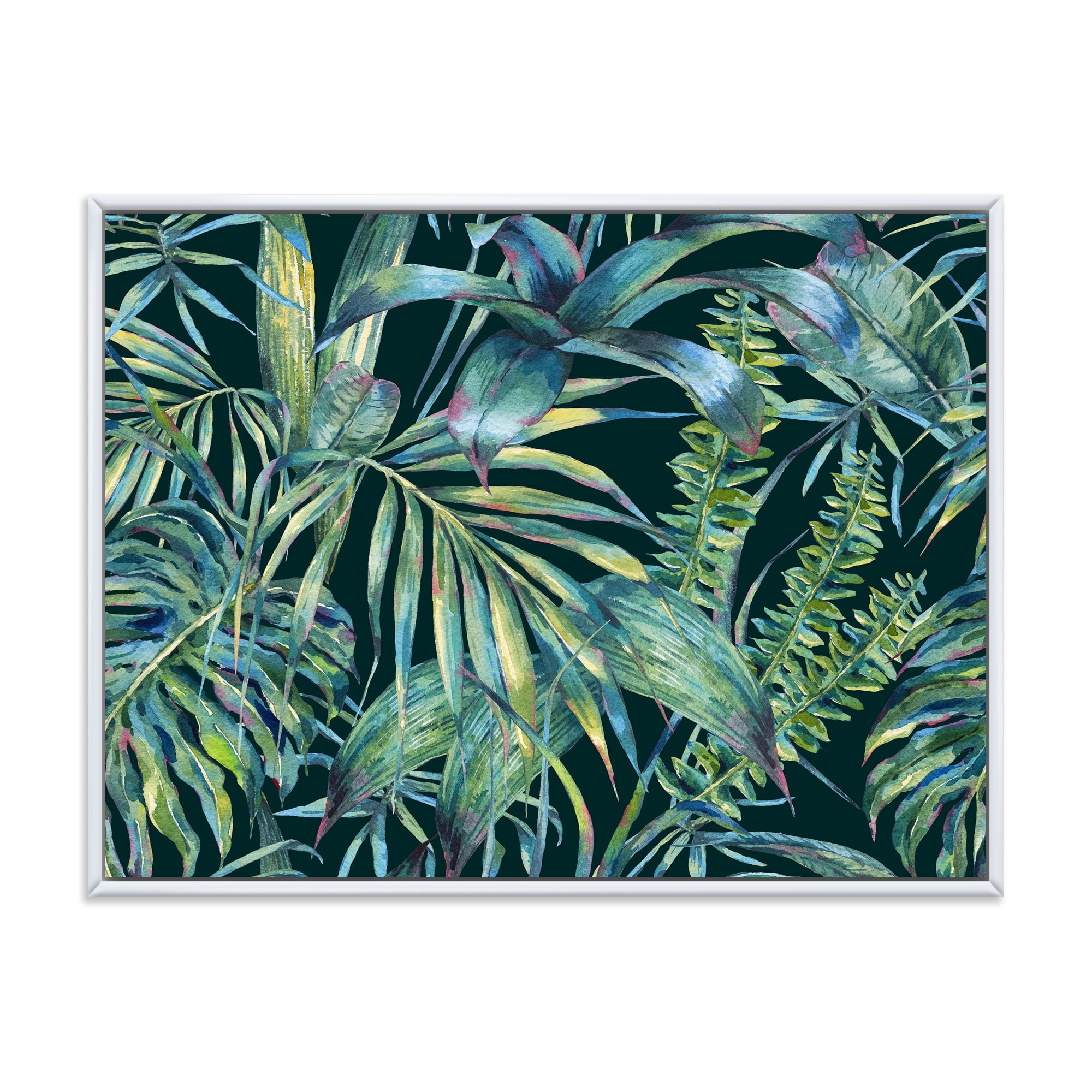 Designart 'Natural Green Leaves Exotic On Dark I' Tropical Framed Canvas Wall Art Print