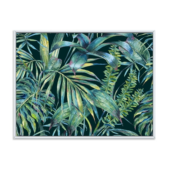 Designart 'Natural Green Leaves Exotic On Dark I' Tropical Framed Canvas Wall Art Print