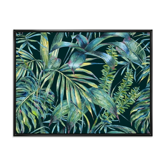 Designart 'Natural Green Leaves Exotic On Dark I' Tropical Framed Canvas Wall Art Print