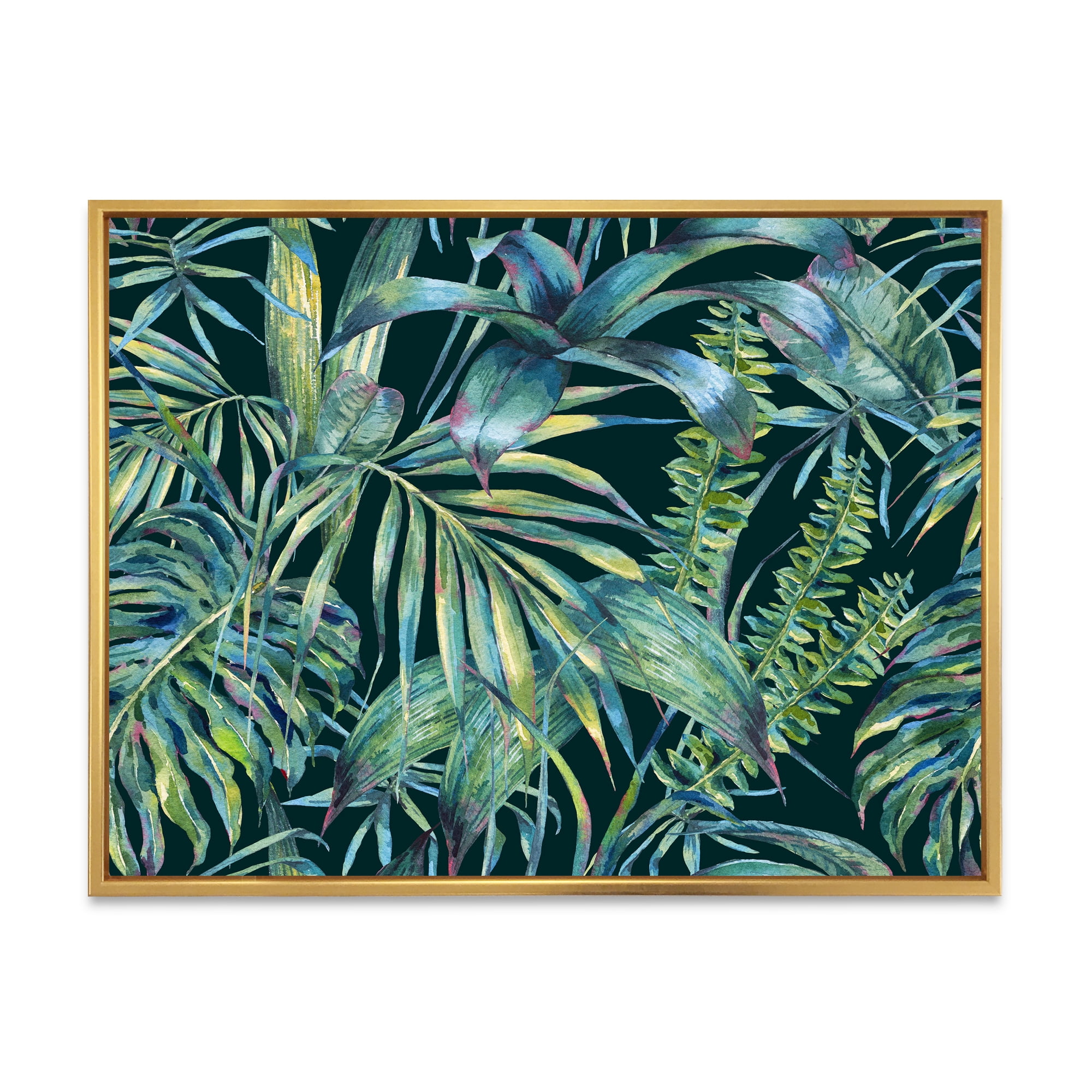 Designart 'Natural Green Leaves Exotic On Dark I' Tropical Framed Canvas Wall Art Print