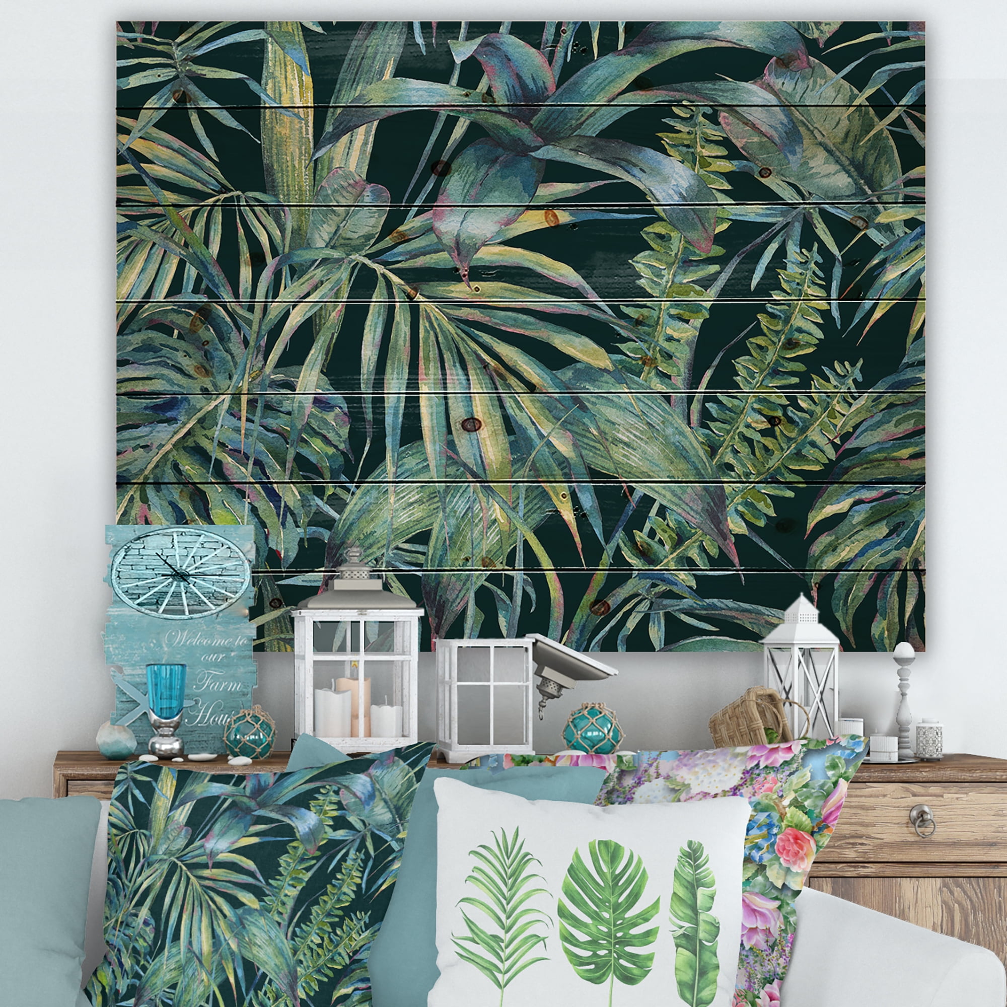 Designart 'Natural Green Leaves Exotic On Dark I' Tropical Print on Natural Pine Wood