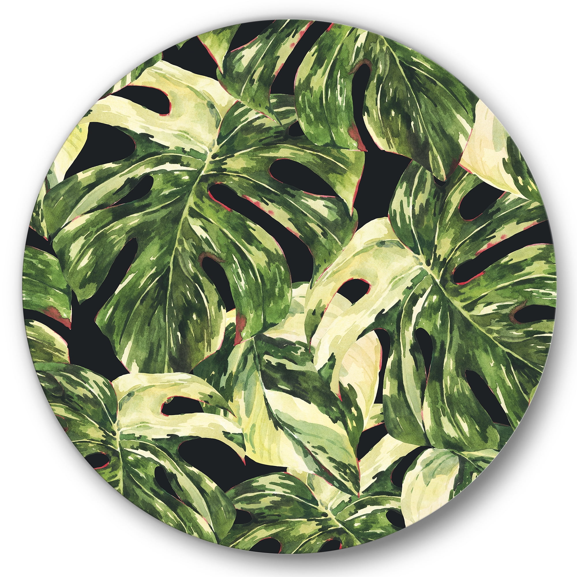 Designart 'Natural Green Leaves Exotic On Dark II' Tropical Circle Metal Wall Art 11x11 - Disc of 11