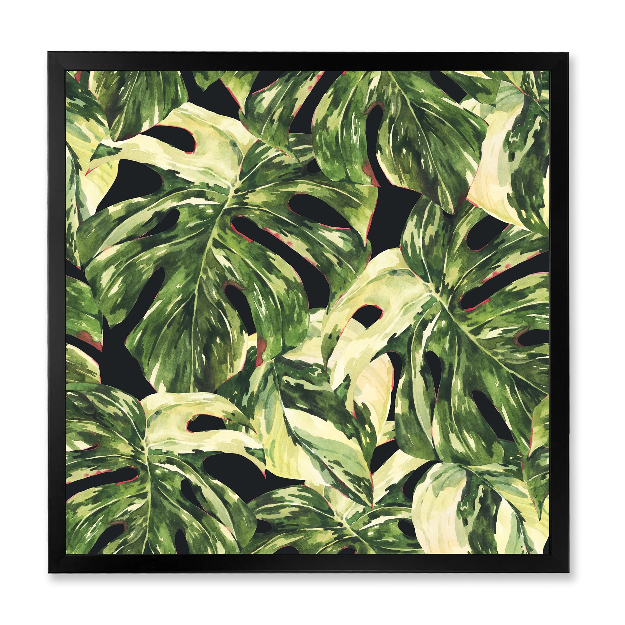 Designart 'Natural Green Leaves Exotic On Dark II' Tropical Framed Art Print