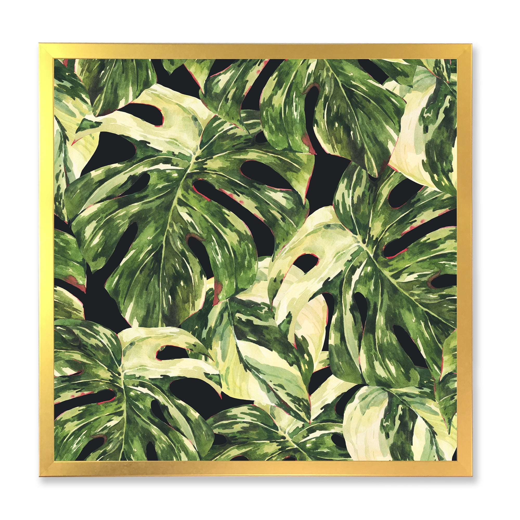 Designart 'Natural Green Leaves Exotic On Dark II' Tropical Framed Art Print