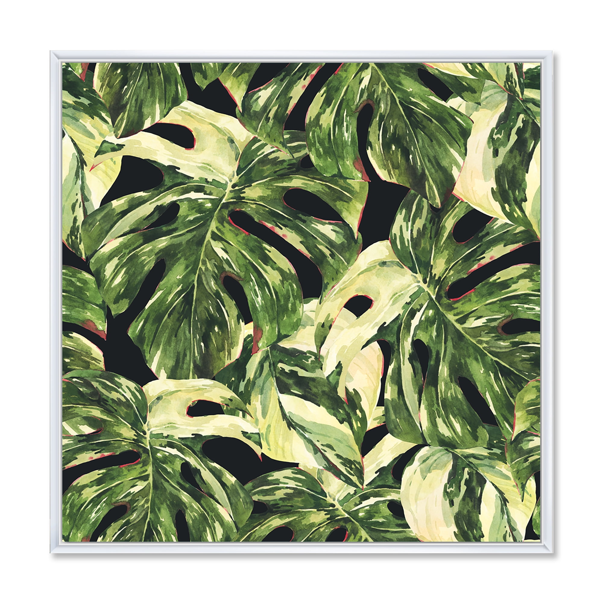 Designart 'Natural Green Leaves Exotic On Dark II' Tropical Framed Canvas Wall Art Print