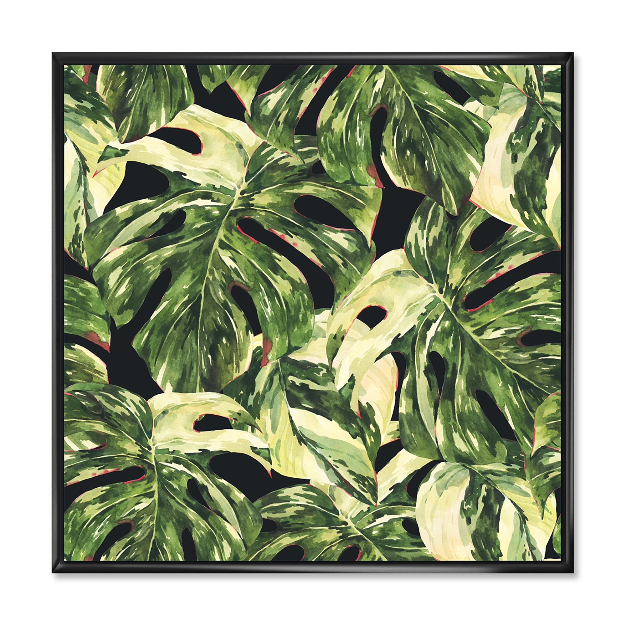 Designart 'Natural Green Leaves Exotic On Dark II' Tropical Framed Canvas Wall Art Print