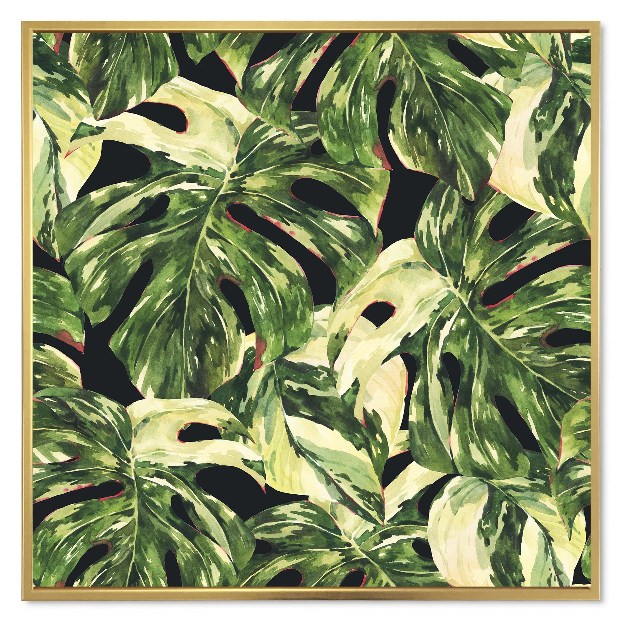 Designart 'Natural Green Leaves Exotic On Dark II' Tropical Framed Canvas Wall Art Print