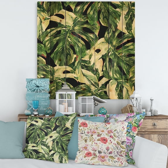 Designart 'Natural Green Leaves Exotic On Dark II' Tropical Print on Natural Pine Wood