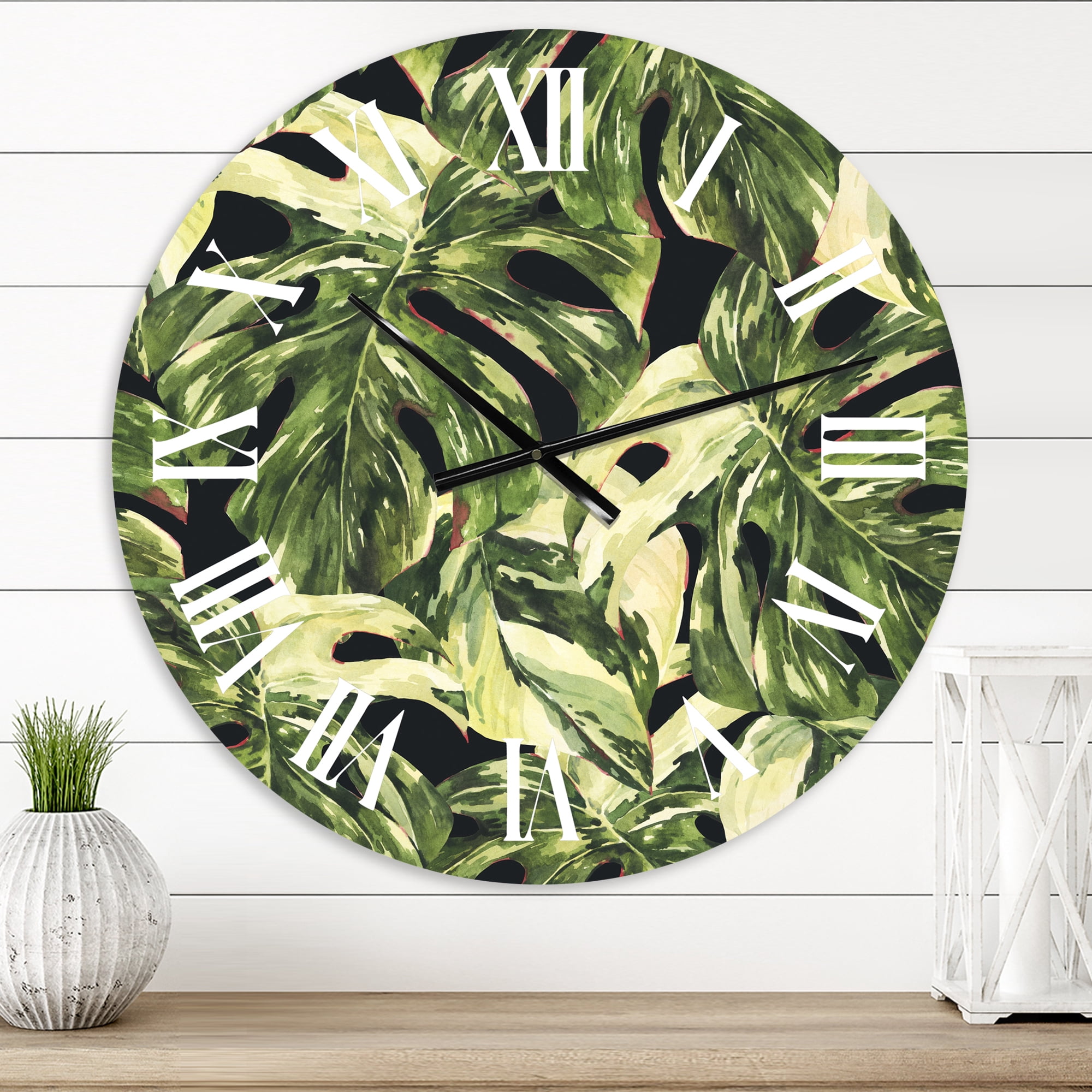 Designart 'Natural Leaves Exotic On Dark Ii' Tropical Wall Clock