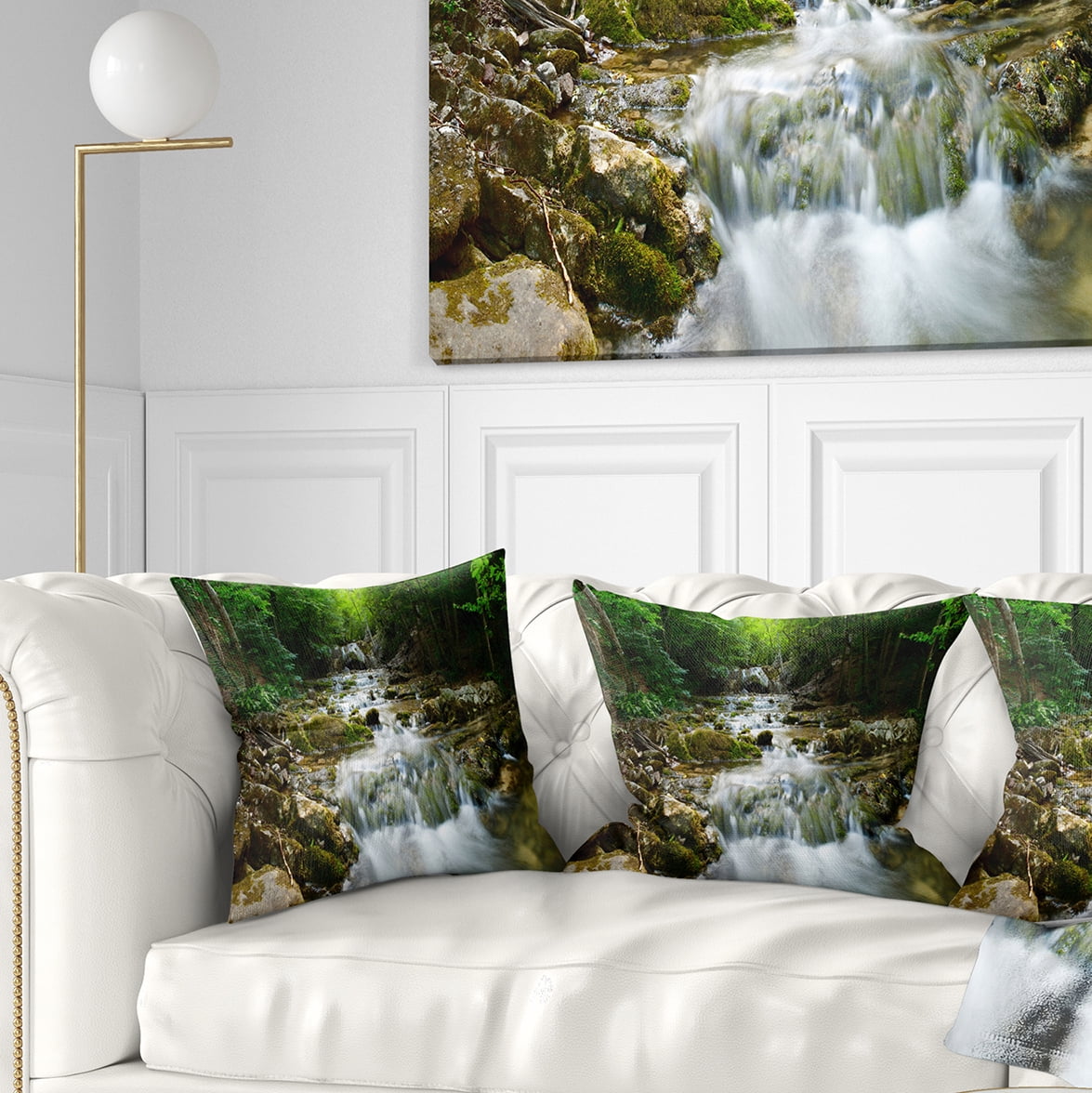 Designart Natural Spring Waterfall - Landscape Photography Throw Pillow - 18x18
