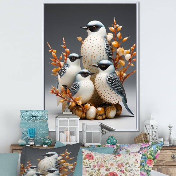 Designart "Nature'S Songbirds In Frosty White" Animals Bird Floater Framed Wall Art Living Room