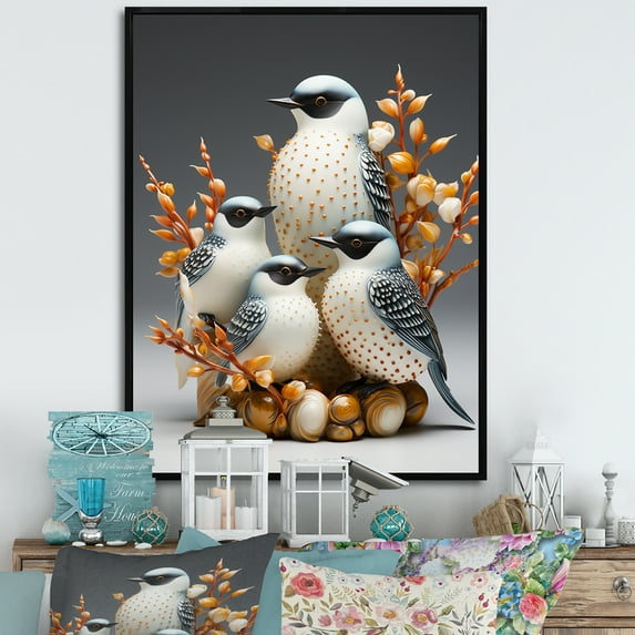 Designart "Nature'S Songbirds In Frosty White" Animals Bird Floater Framed Wall Art Living Room