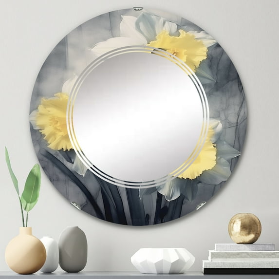 Designart "Nature s Impression of Daffodils in Yellow and Grey Tones I" Floral Round Wall Mirror - Traditional Oval Printed Decorative Oversized Mirror - Multiple Color Options