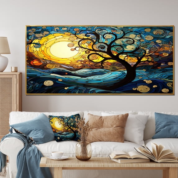 Designart "Nature's Magic Blue and Yellow Tree" Extra Large Landscapes Framed Wall Art - Country Blue Tree Bedroom Framed Canvas Wall Art