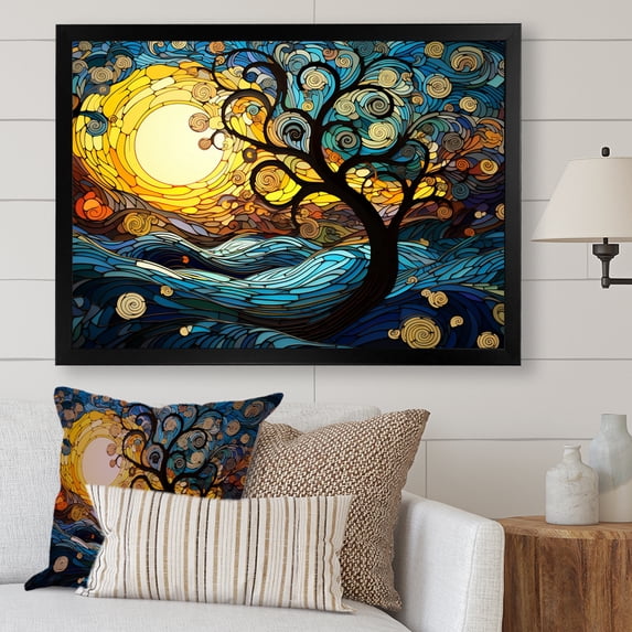 Designart "Nature's Magic Blue and Yellow Tree" Landscapes Framed Wall Art Decor - Country Blue Tree Hallway Framed Wall Art Decor