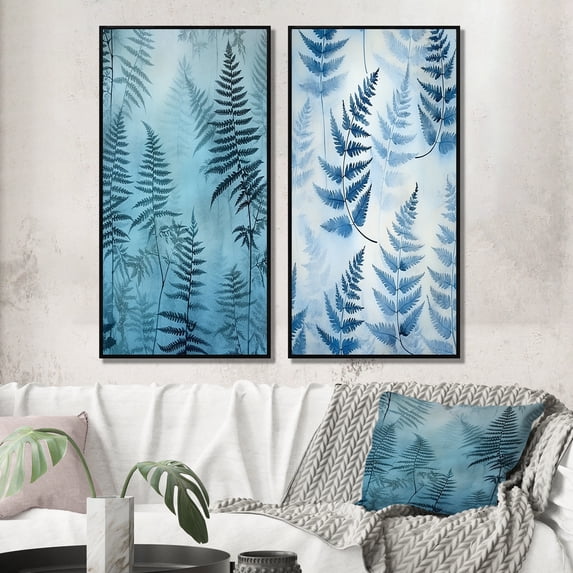 Designart "Nature s Magic in Blue Fern Fonds II" Floral Framed Wall Art Set Of 2 - Blue Floral Framed Wall Art Set Of 2