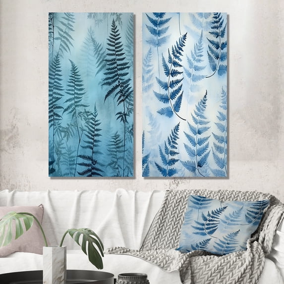 Designart "Nature s Magic in Blue Fern Fonds II" Floral Wall Art Set Of 2 - Blue Floral Wall Decor Set Of 2
