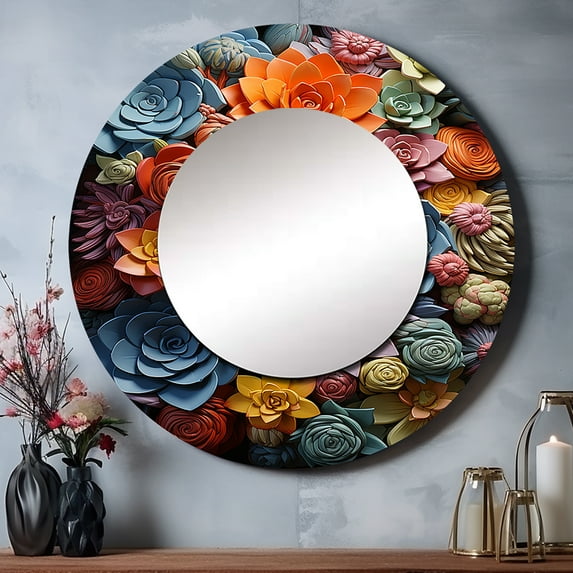 Designart "Nature s Resilience Colorful Succulents" Floral Multi-Color Large Round Mirror - Round Bedroom Mirror Wall Decor - Traditional Round Printed Mirror - 29" x 29"