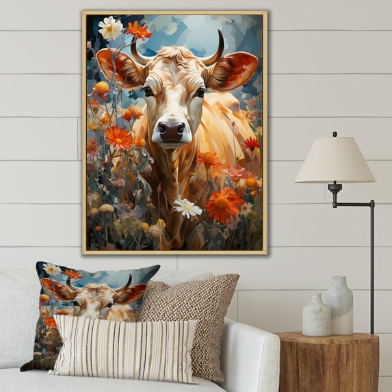 Designart "Natures Mosaic Cow " Animals Floater Framed Canvas Art Print