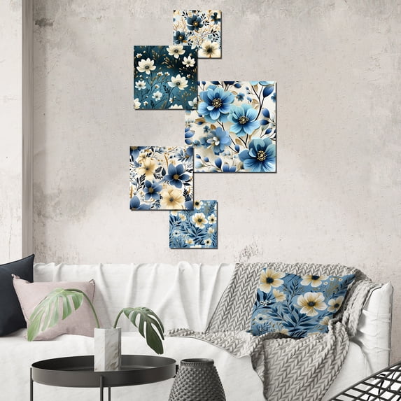 Designart "Nautical Blue Ivory Floral Grace" Floral Wall Art Set Of 5 - Teal Cottage Hallway Metal Art Print Set