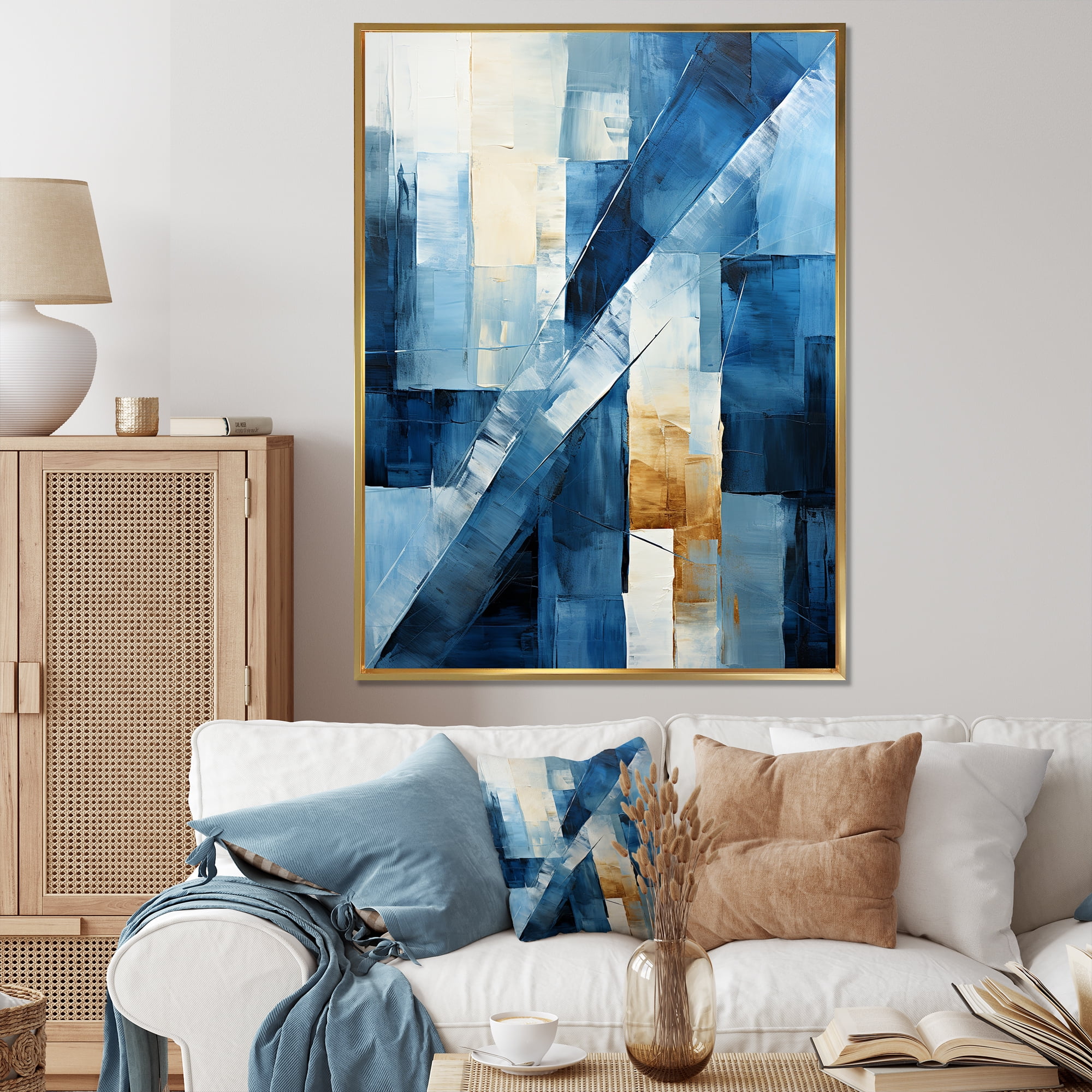 Designart "Nautical Geometry in White and Blue IV" Abstract Framed Wall