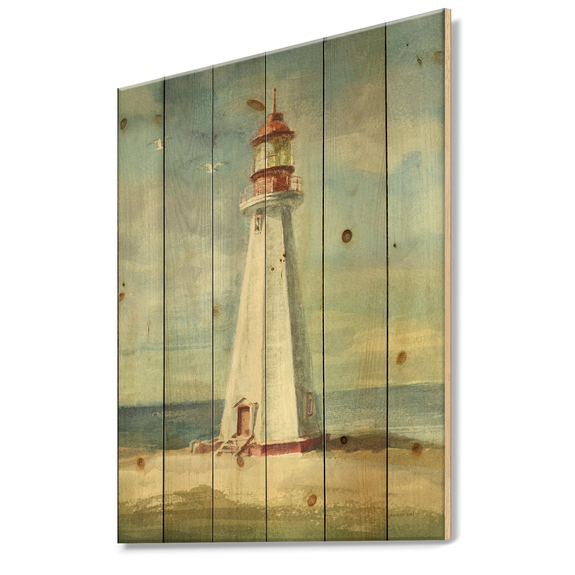 Designart Nautical Lighthouse III & Beach Print on Natural Pine Wood Art Print, 12" x 20"