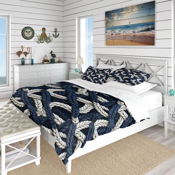Designart "Nautical Rope Patterns" Blue Coastal Bedding Covert Set - Nautical & Coastal Bed Set With 2 Shams