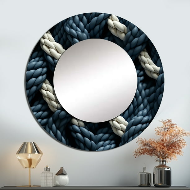 Designart "Nautical Rope Patterns I" Graphic Print Rund Mirror For Wall Decor - Large Blue Round Printed Mirror -Coastal Round Living Room Mirror - 23" x 23"