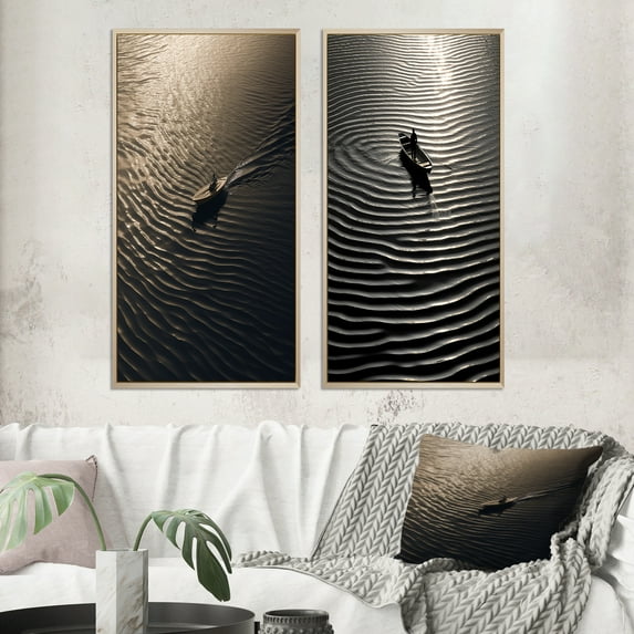 Designart "Nautical Serenity Black and White Tranquility I" Boat Framed Wall Art Set Of 2 - Modern Black Frame Gallery Set For Office Decor