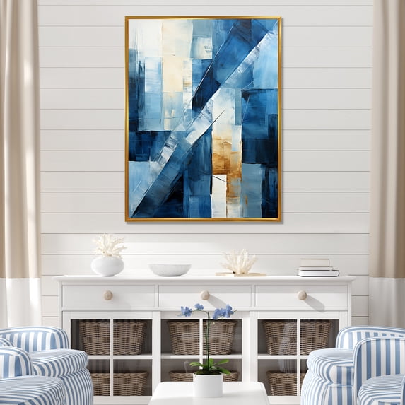 Designart "Nautical Shapes in Blue and White III" Coastal Framed Wall Art - Coastal Blue Coastal Minimalism Entryway Framed Wall Art