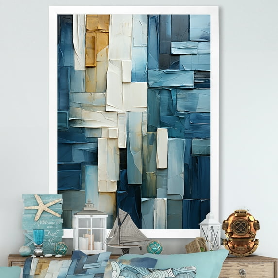 Designart "Nautical Shapes in Blue and White IV" Coastal Framed Wall Art - Coastal Blue Coastal Minimalism Hallway Framed Wall Art Decor