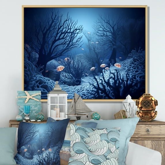 Designart "Navy And Ebony Subaquatic Universe" Coastal Coral Under Water Floater Framed Wall Art Prints