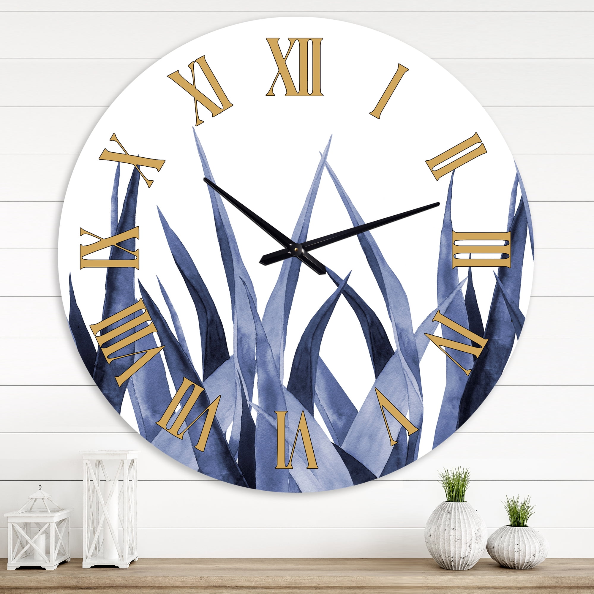 Designart 'Navy Blue Agave Leaves' Traditional Wall Clock