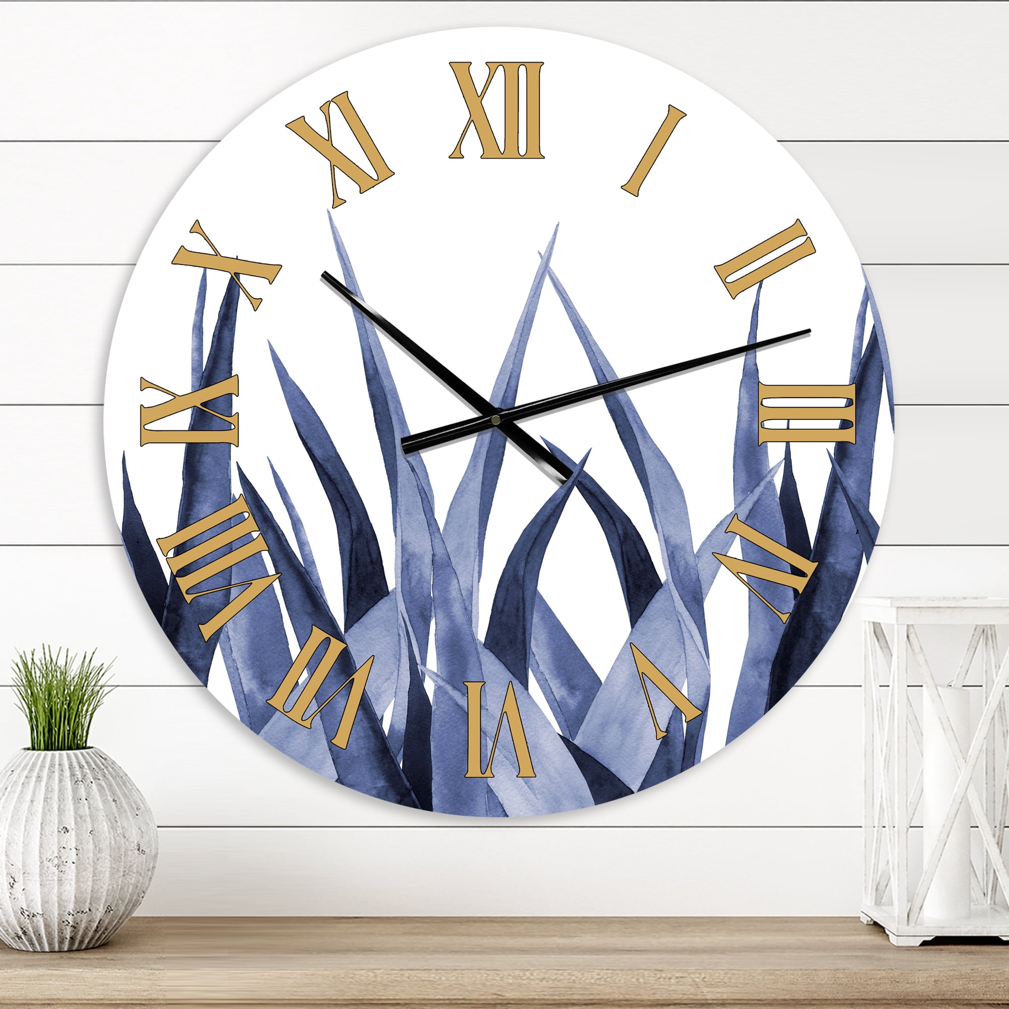 Designart 'Navy Blue Agave Leaves' Traditional Wall Clock