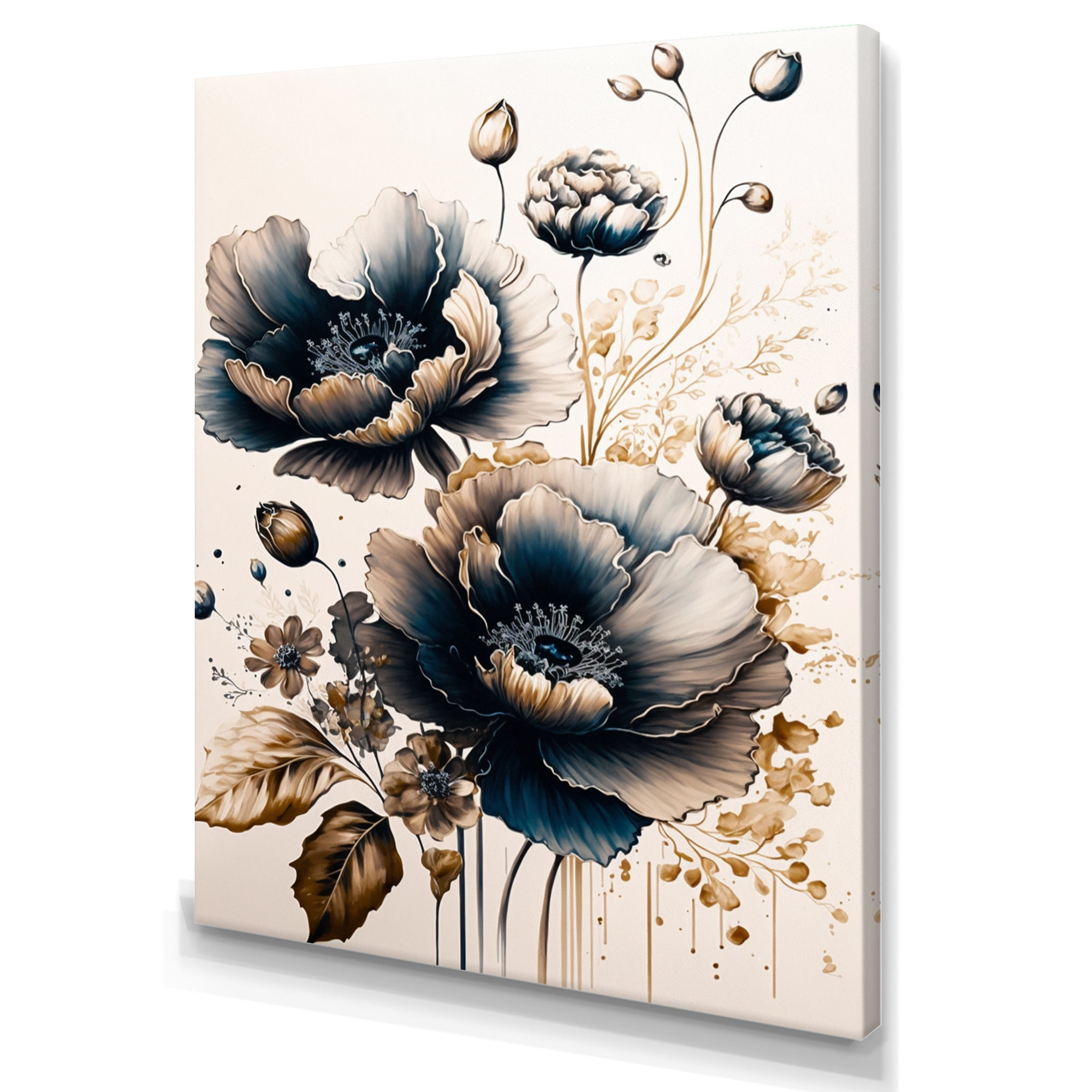 Designart Navy Blue And Gold Poppy Flowers I Canvas Wall Art