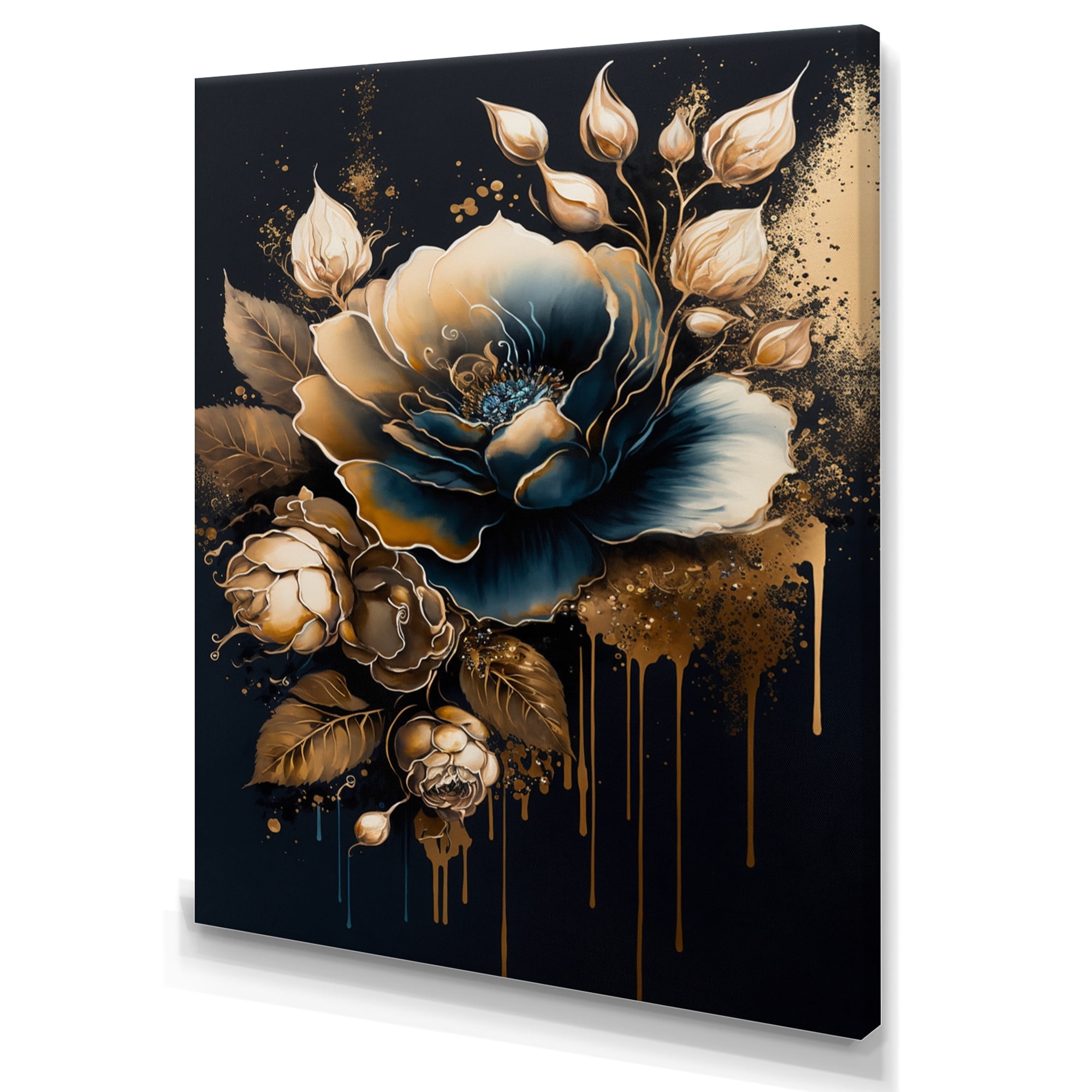 Designart Navy Blue And Gold Rose II Canvas Wall Art