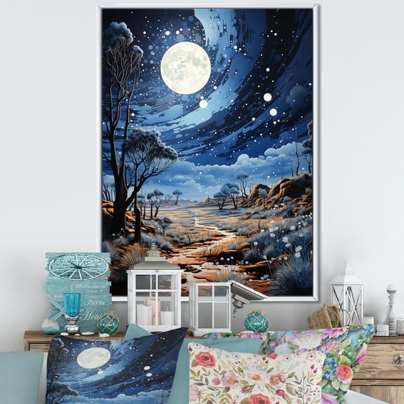 Designart "Navy Blue Beige Moonlight Painting Dot" Cottage Floater Framed Wall Decor