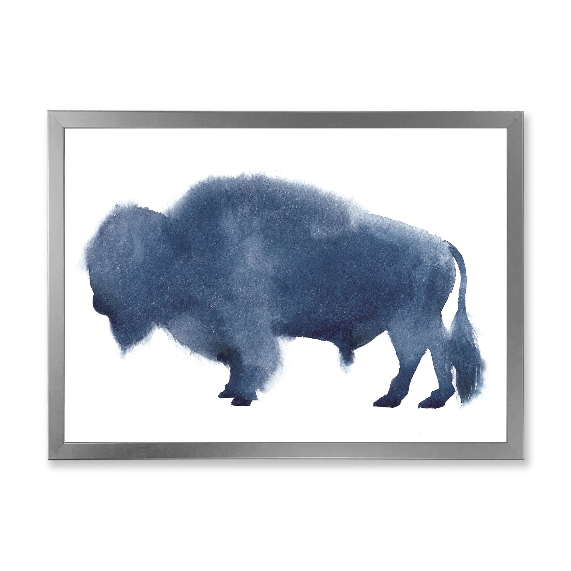 Designart 'Navy Blue Bison Silhouette On White' Farmhouse Framed Art Print