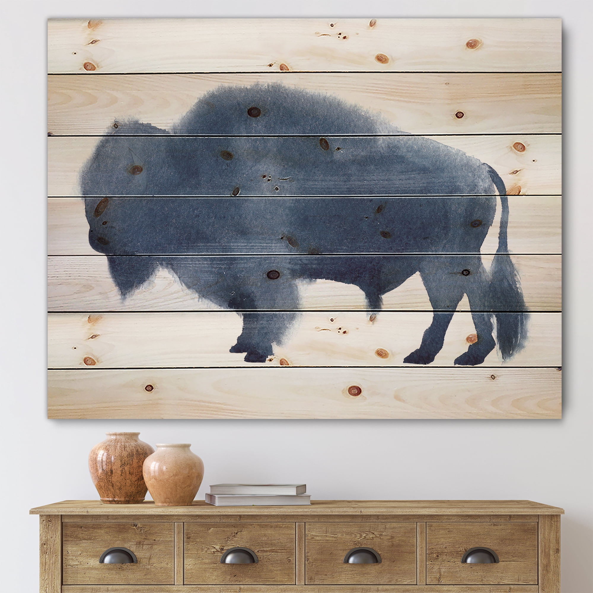 Designart 'Navy Blue Bison Silhouette On White' Farmhouse Print on Natural Pine Wood