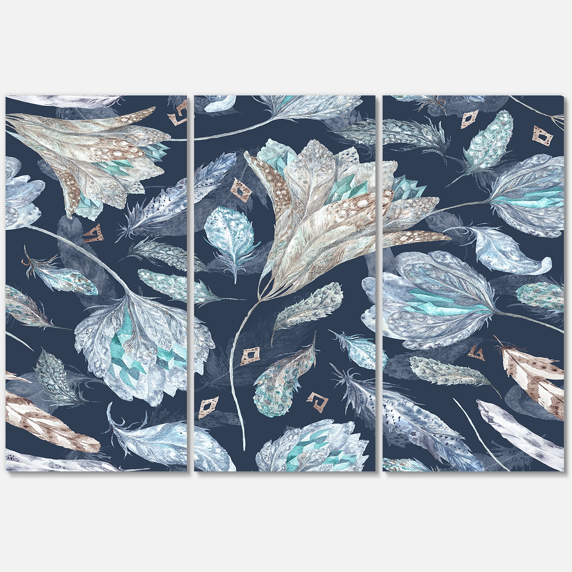 Designart ' Navy Blue Botanical Pattern With Feathers ' Traditional Canvas Wall Art Print