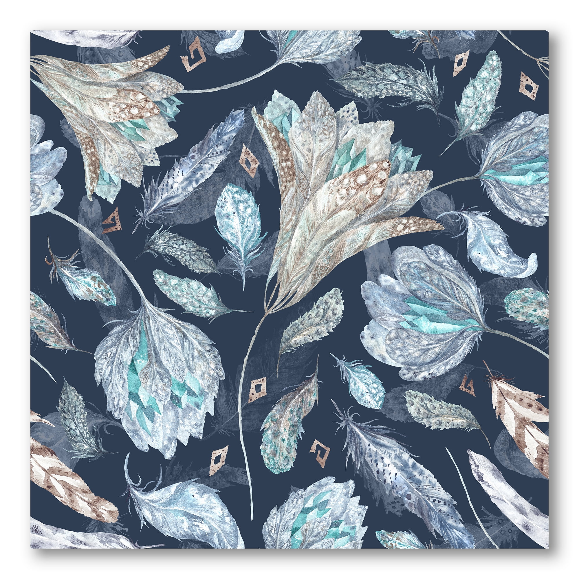 Designart ' Navy Blue Botanical Pattern With Feathers ' Traditional Canvas Wall Art Print