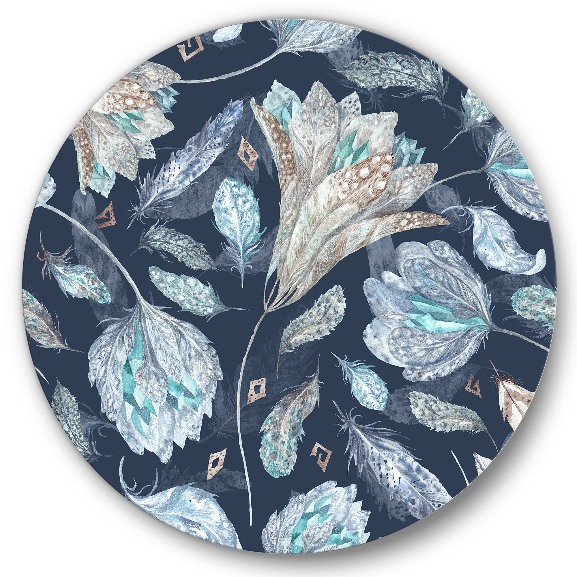 Designart 'Navy Blue Botanical Pattern With Feathers' Traditional Circle Metal Wall Art 29x29 - Disc of 29