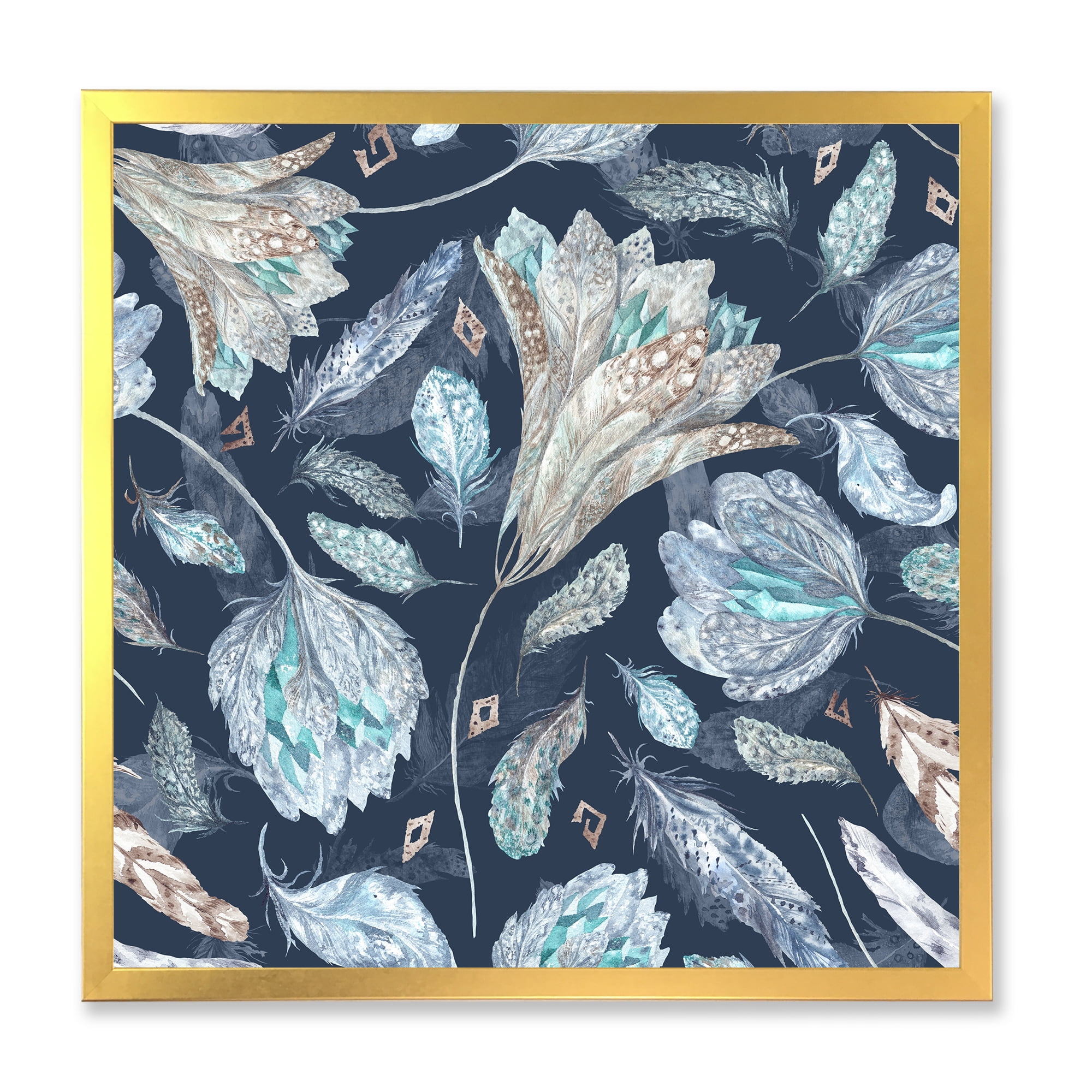 Designart 'Navy Blue Botanical Pattern With Feathers' Traditional Framed Art Print