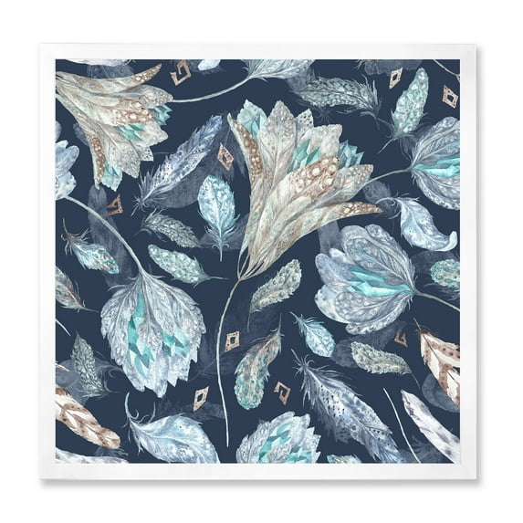 Designart 'Navy Blue Botanical Pattern With Feathers' Traditional Framed Art Print