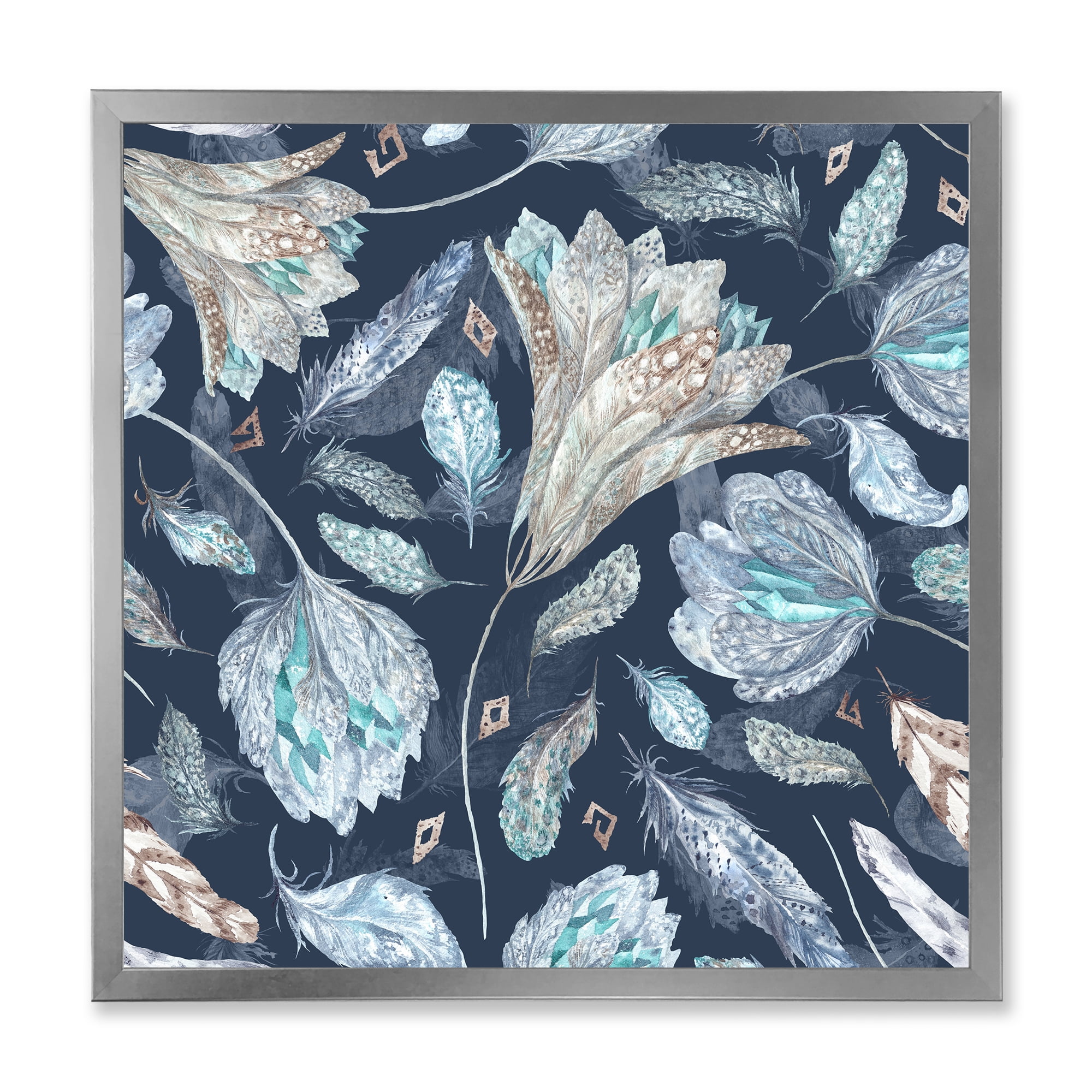 Designart 'Navy Blue Botanical Pattern With Feathers' Traditional Framed Art Print