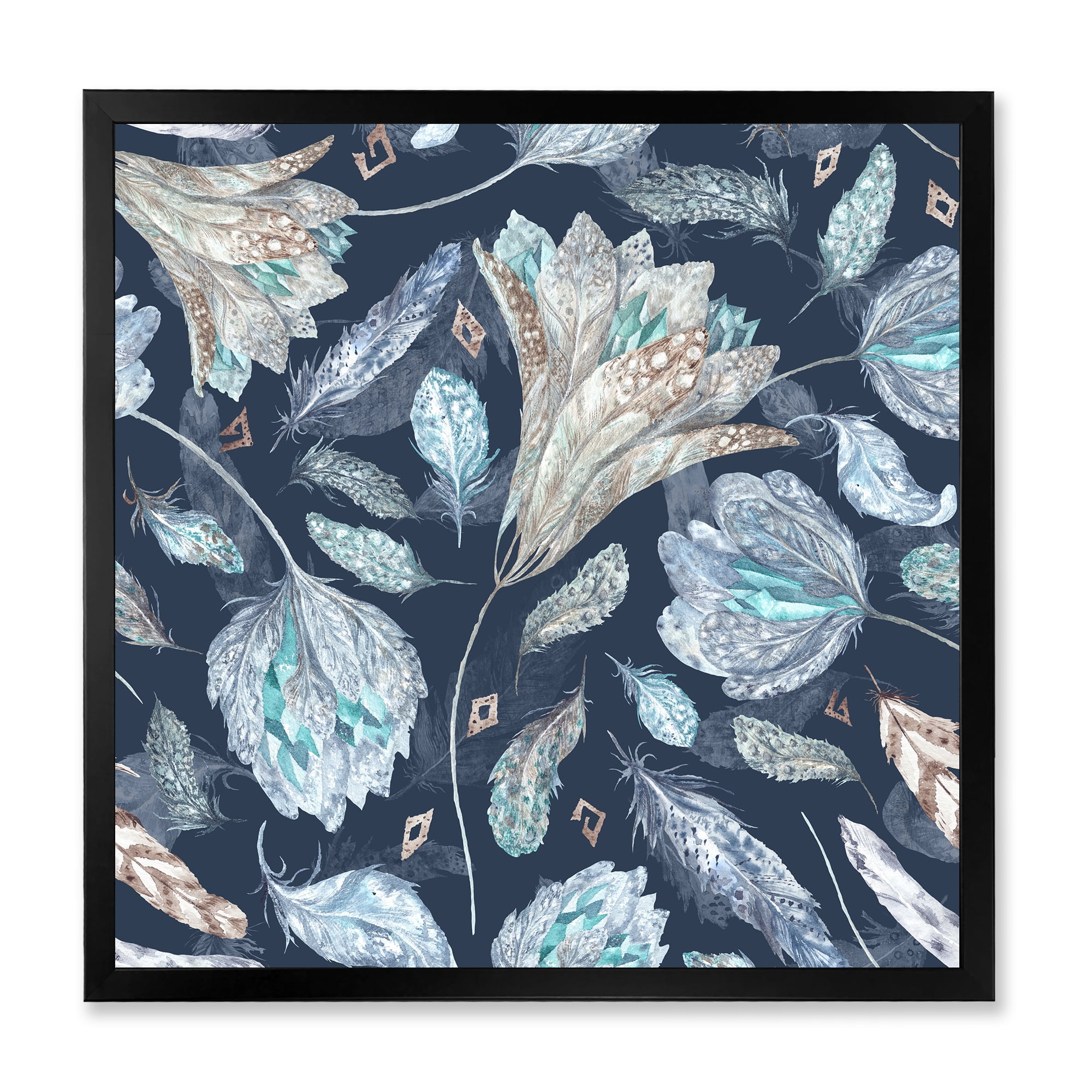 Designart 'Navy Blue Botanical Pattern With Feathers' Traditional Framed Art Print