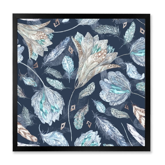 Designart 'Navy Blue Botanical Pattern With Feathers' Traditional Framed Art Print