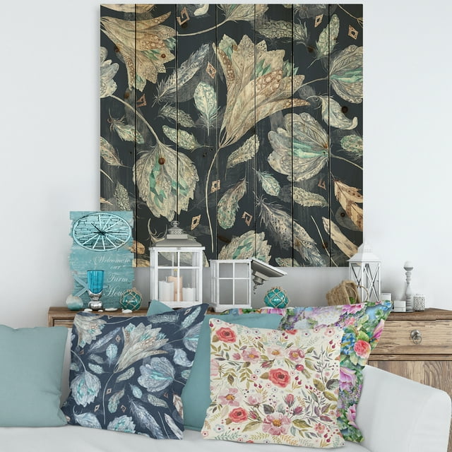 Designart 'Navy Blue Botanical Pattern With Feathers' Traditional Print on Natural Pine Wood